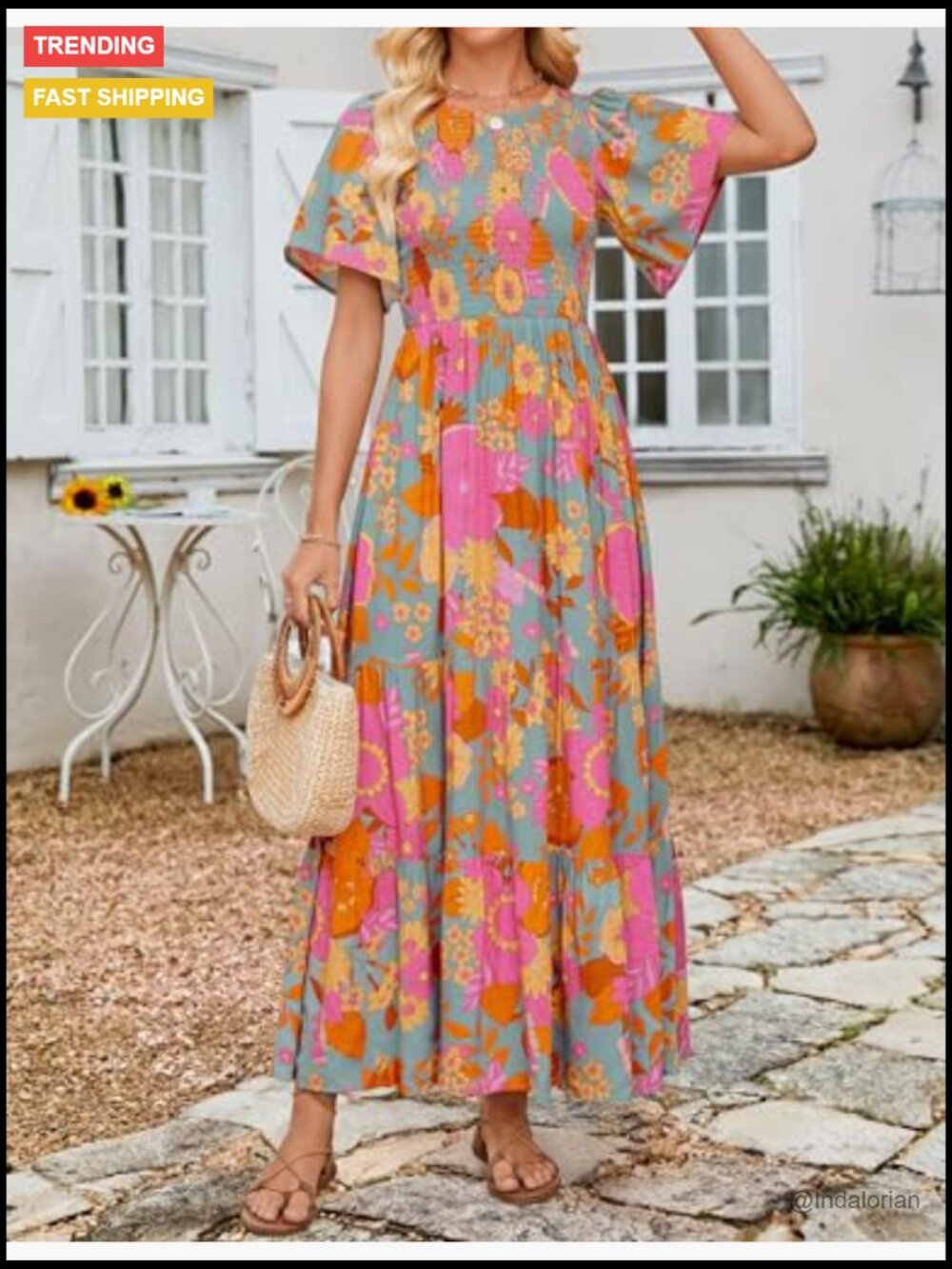 Boho Floral Maxi Dress with Flutter Sleeve, Smocked Bodice, Tiered Skirt - Picture 6 of 7